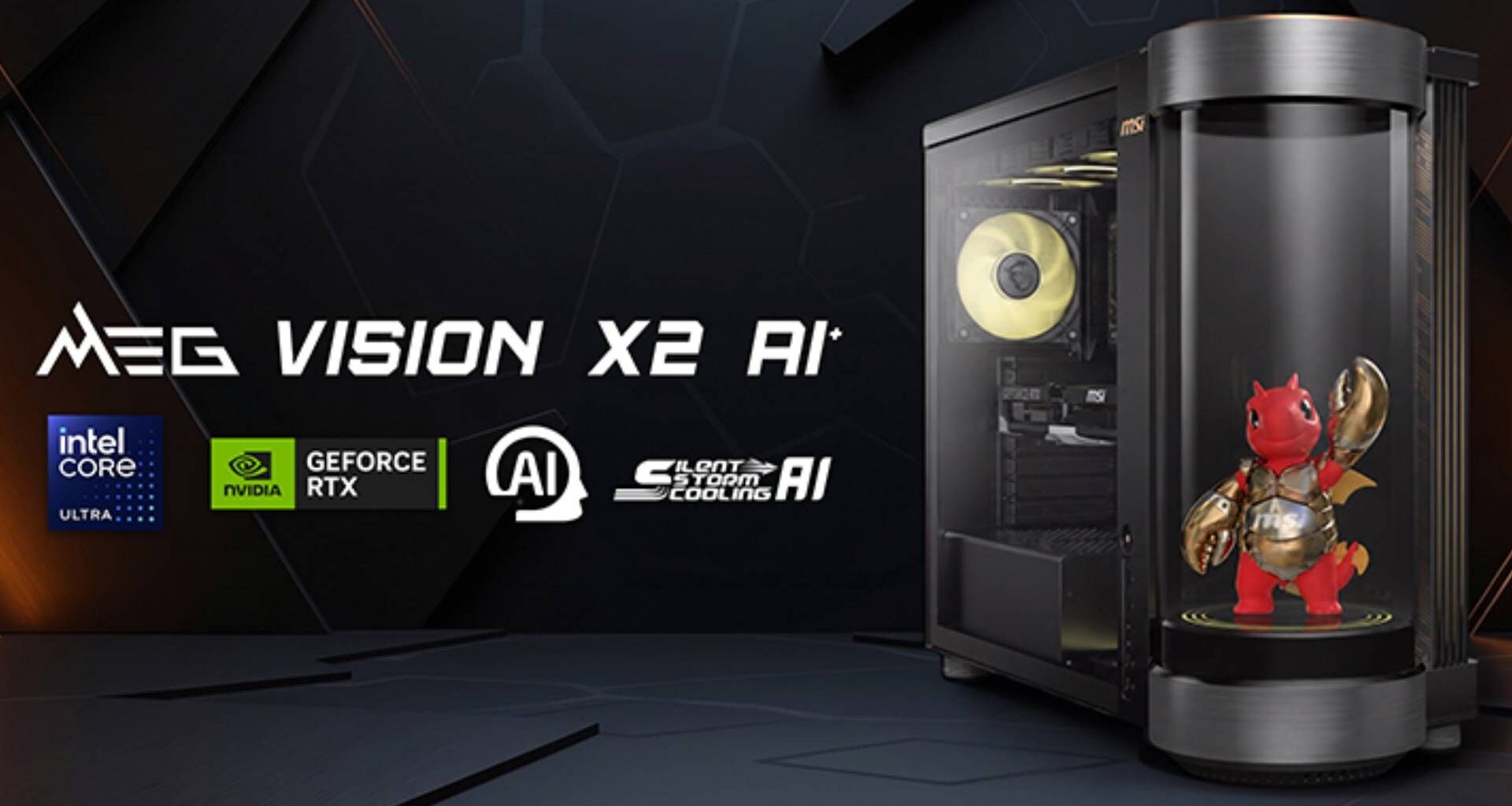 A marketing image featuring the MEG Vision X2 AI⁺ gaming desktop. MSI's agentic AI LuckClaw is featured inside the cylindrical AI holostage built into the PC's chassis.
