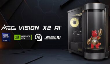 A marketing image featuring the MEG Vision X2 AI⁺ gaming desktop. MSI's agentic AI LuckClaw is featured inside the cylindrical AI holostage built into the PC's chassis.
