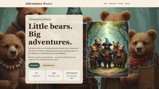 tabletop-ai-ukge-1 Screenshot of the Adventure Bears website showing AI-generated art of bears in fantasy outfits