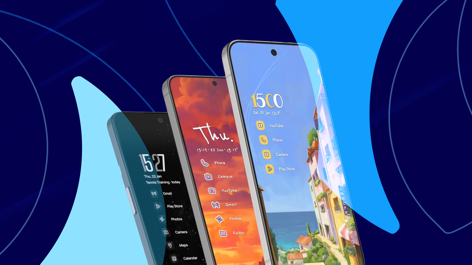 Three smartphones displaying minimalist Niagara Launcher home screens with vertical app lists against a blue abstract background.