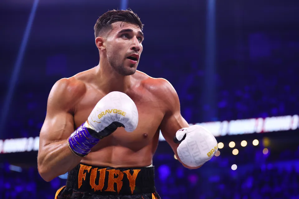 Tommy Fury looks on during the Misfits Cruiserweight fight between KSI (Olajide Olayinka Williams) and Tommy Fury at AO Arena on October 14, 2023 in Manchester, England