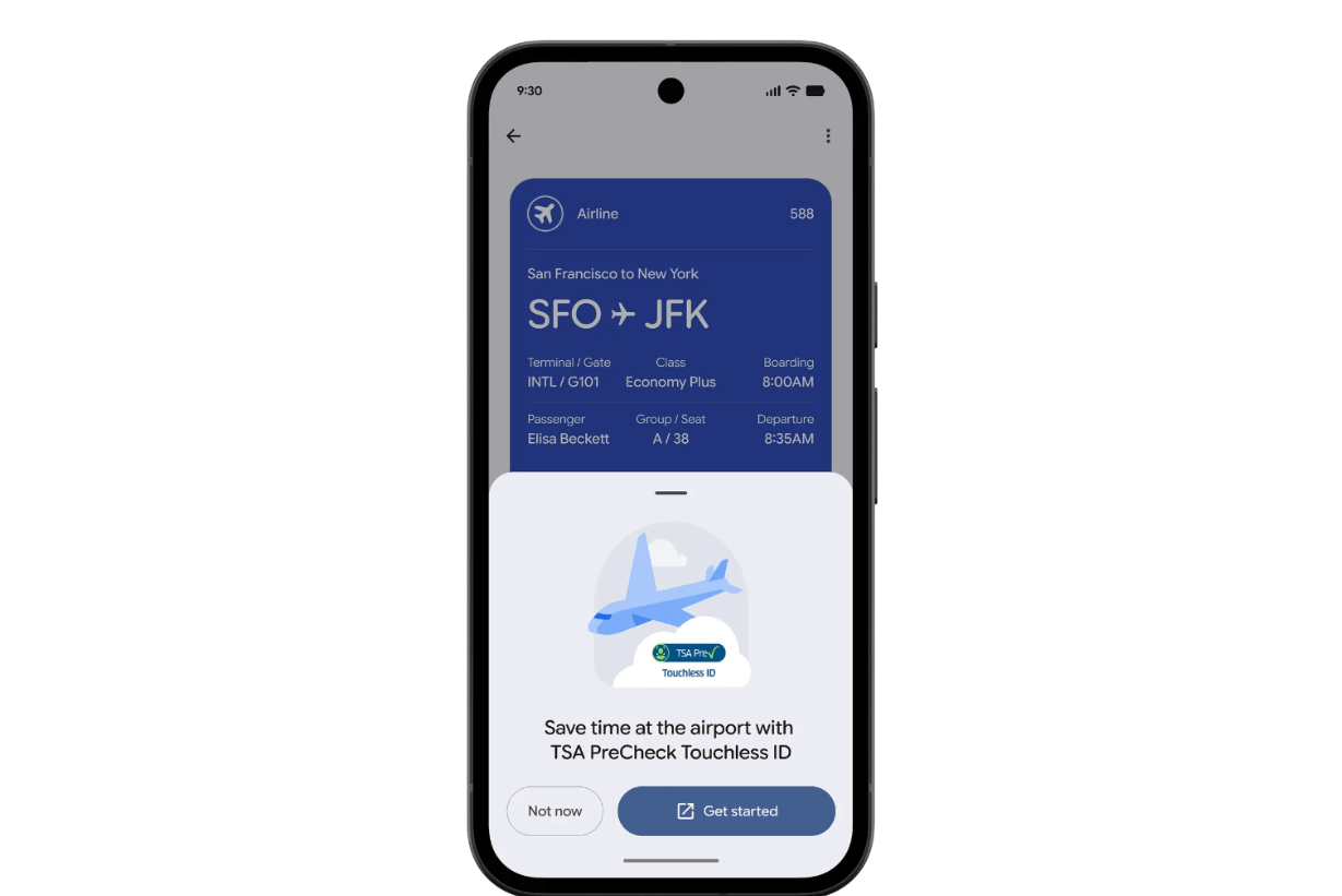 Screenshot of Google Wallet with a prompt for TSA PreCheck Touchless ID