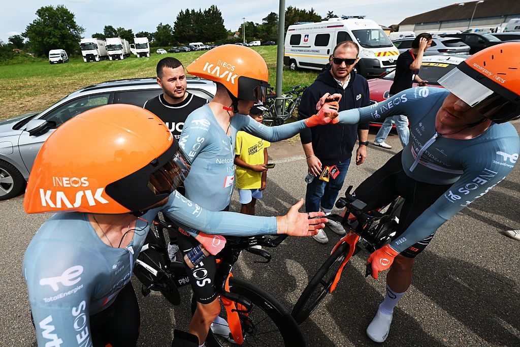 PERREUX, FRANCE - JUNE 09: The second place winners, Kevin Vauquelin of France, Carlos Rodriguez of Spain and Dorian Godon of France and Netcompany INEOS Cycling Team react after the 78th Tour Auvergne-Rhone-Alpes 2026, Stage 3 a 28.4km team time trial stage from Perreux to Perreux / #UCIWT / on June 09, 2026 in Perreux, France. (Photo by Dario Belingheri/Getty Images)