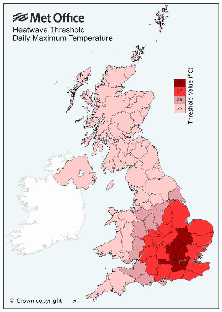 A heatwave is defined as three days of 28C around London and Cambridgeshire, and 27C in most other southeastern parts