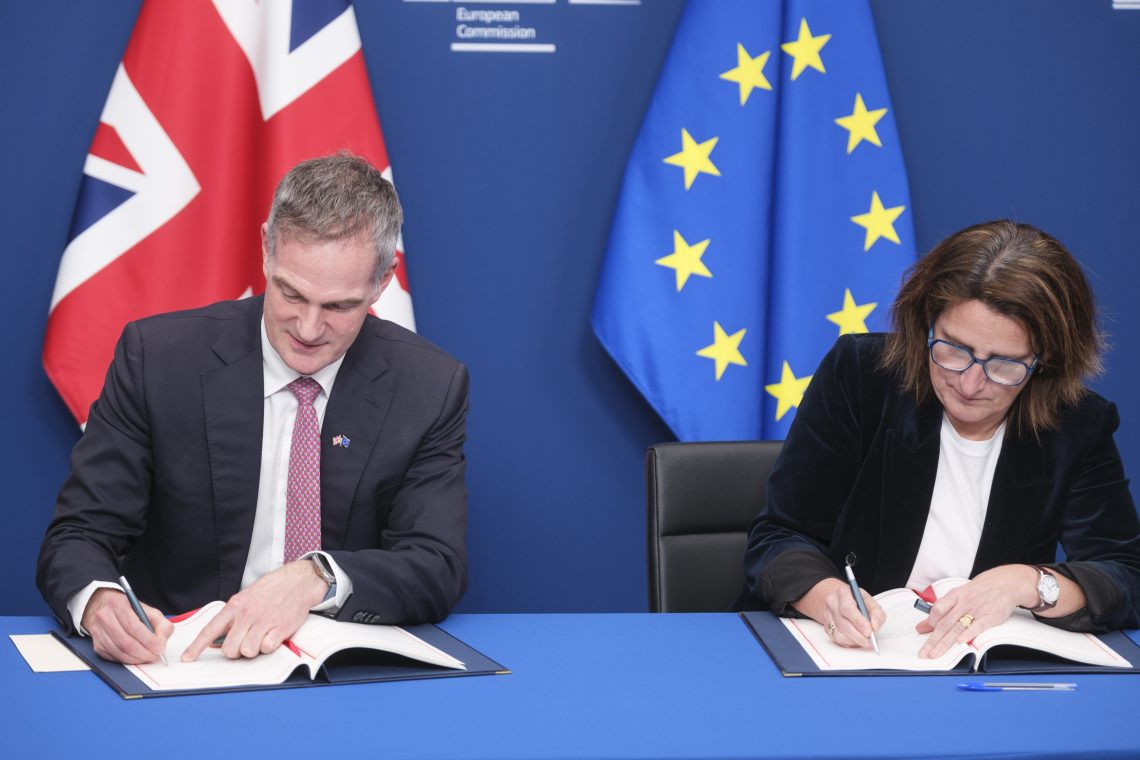 Feb. 25, 2025: British trade secretary, Peter John Kyle (left), and the European Commissioner for Competitiveness Teresa Ribera Rodriguez (right) at Berlaymont, the EU Commission headquarters, in Brussels, Belgium, to sign the EUUK Competition Cooperation Agreement.