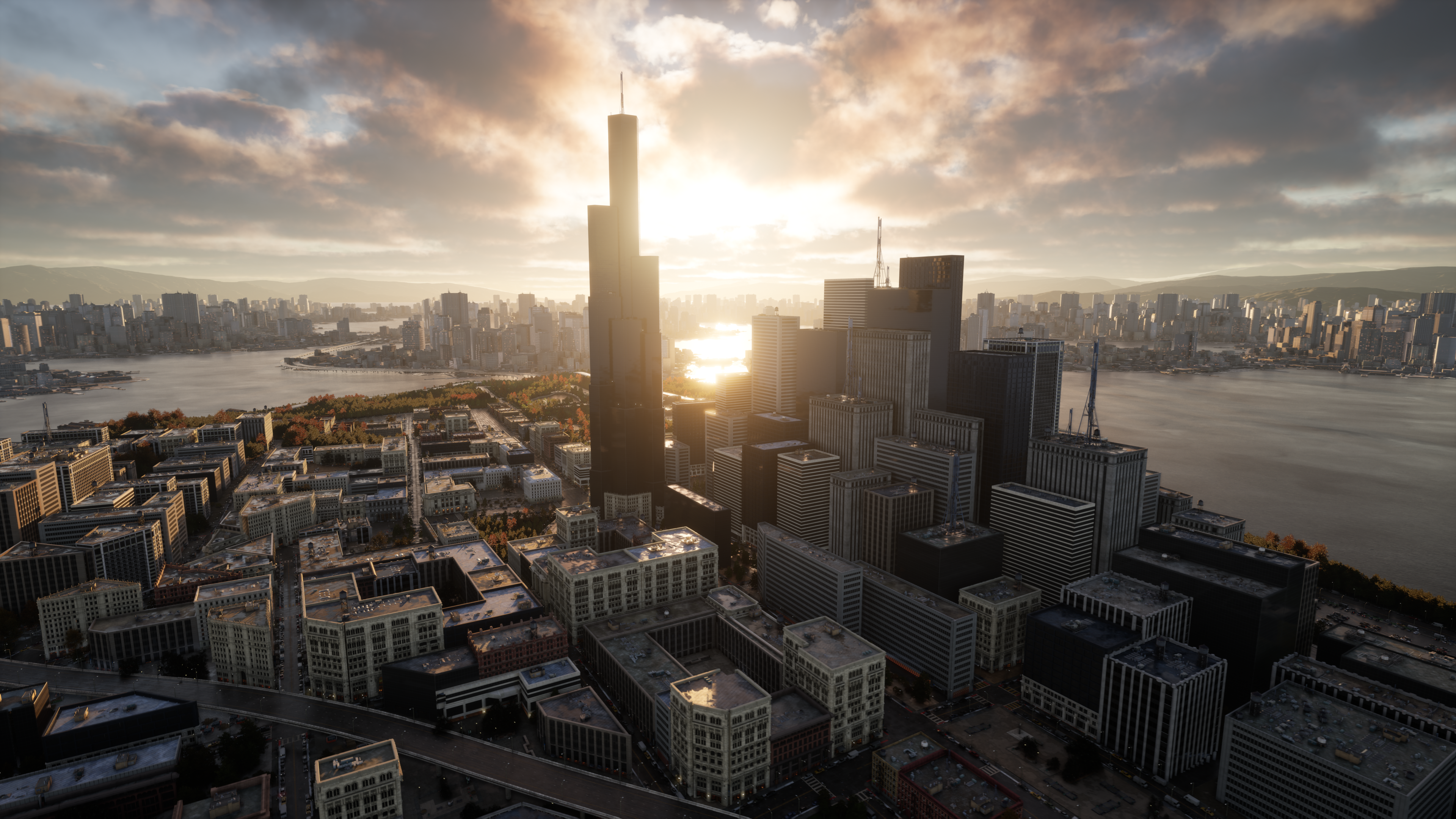 A large city rendered in Unreal Engine.