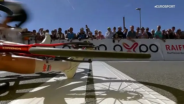Video - Pro rider slides across line after crash during victory celebration