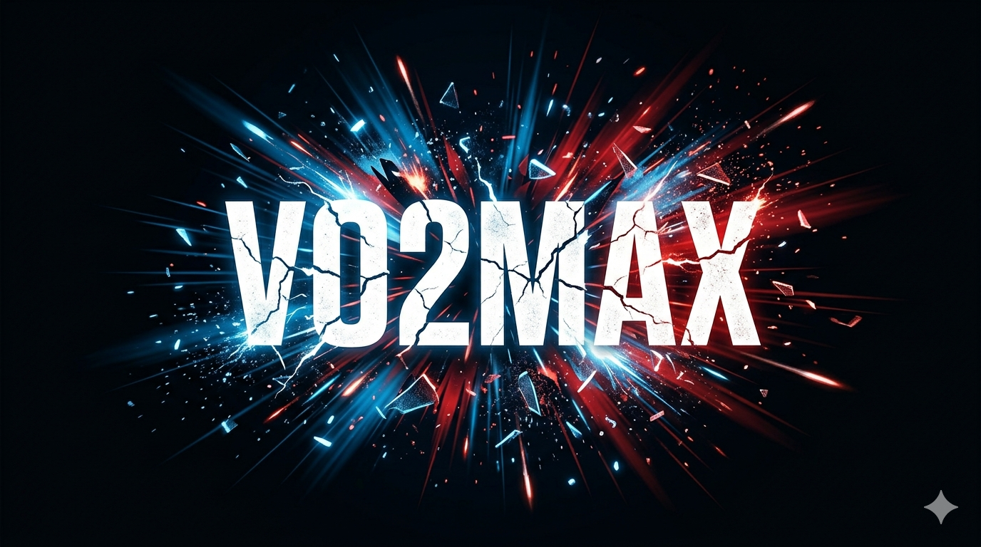VO2 MAX text exploding outward in electric cyan and lime green on black background.