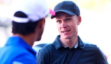MONTE-CARLO, MONACO - MAY 01: Lucas di Grassi of Brazil and Lola Yamaha ABT Formula E Team talks with Chris Froome, OBE and British professional road racing cyclist during previews ahead of the Monaco E-Prix at Circuit de Monaco on May 01, 2025 in Monte-Carlo, Monaco. (Photo by Joe Portlock/LAT Images)