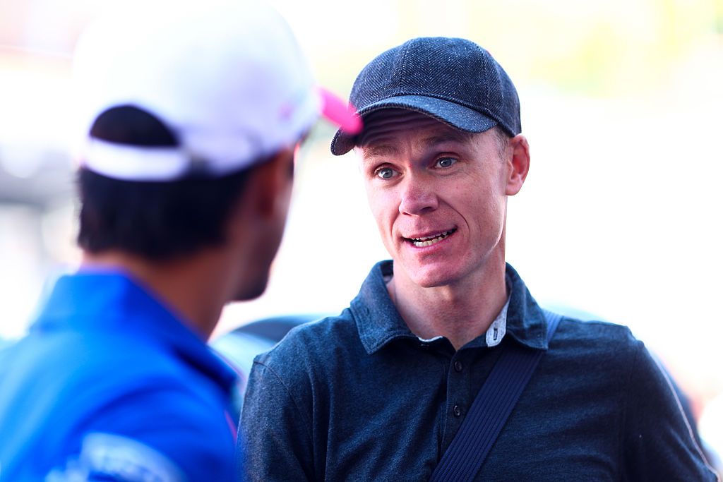 MONTE-CARLO, MONACO - MAY 01: Lucas di Grassi of Brazil and Lola Yamaha ABT Formula E Team talks with Chris Froome, OBE and British professional road racing cyclist during previews ahead of the Monaco E-Prix at Circuit de Monaco on May 01, 2025 in Monte-Carlo, Monaco. (Photo by Joe Portlock/LAT Images)