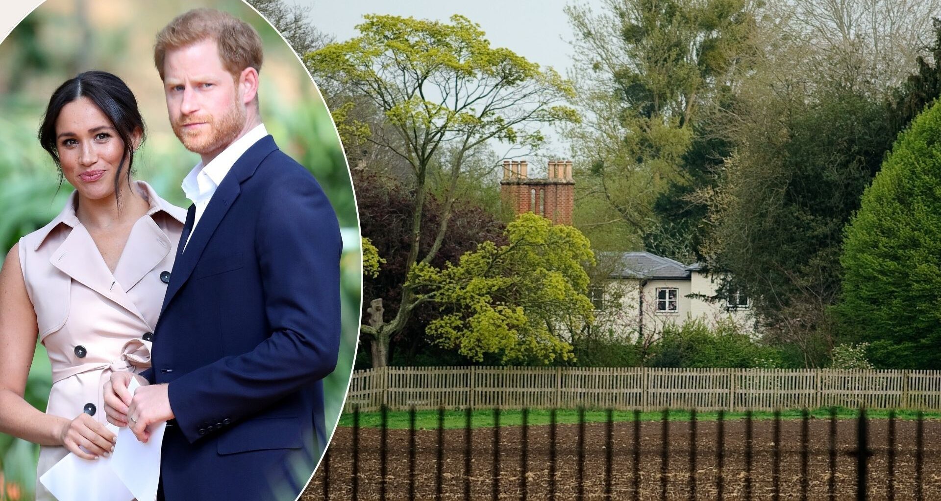 A comp image of Prince Harry and Meghan Markle with a view of Frogmore Cottage