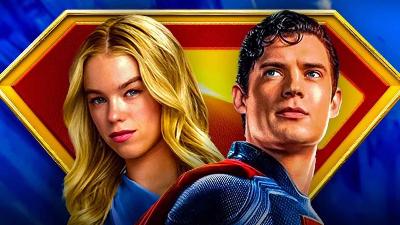 Milly Alcock as Supergirl and David Corenswet as Superman with Superman logo.
