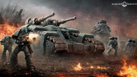 warhammer-horus-heresy-maximus-battlegroup Key art for the Warhammer: the Horus Heresy Maximus Battlegroup Box, featuring Space Marines in Mk IV power armor flanking a Spartan battle tank and a Contemptor dreadnought.