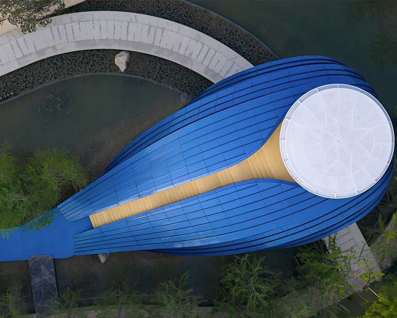 blue aluminum panels curve to shape a whale-like entrance gate by wutopia lab - 1