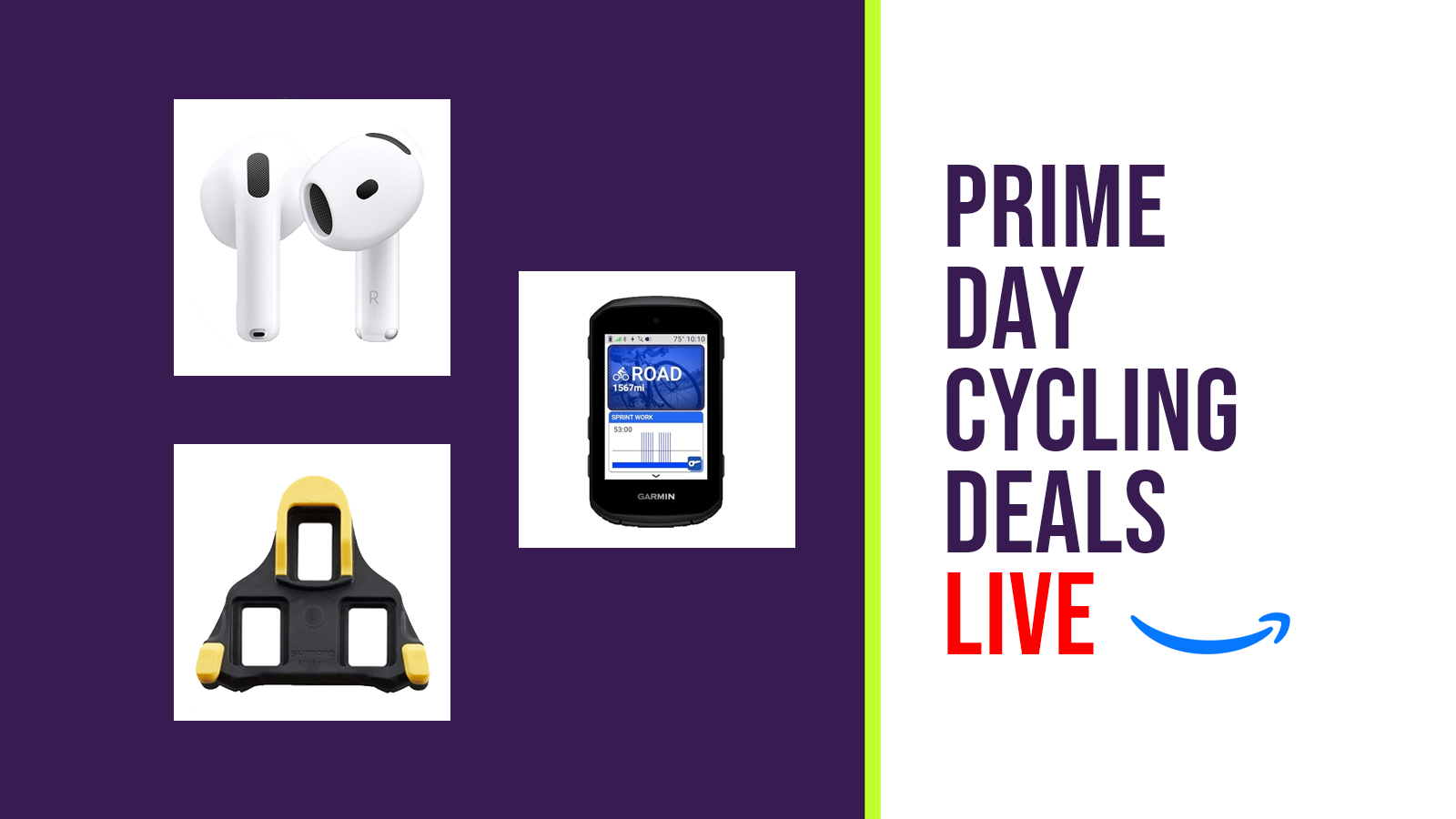 Prime Day Live report hero image, comprising a purple and white background with three products from the sales: a pair of airpods, a shimano shoe cleat, and a garmin computer