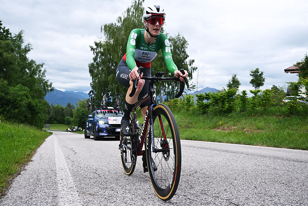 Vittoria Guazzini (FDJ United - SUEZ) competes during stage 5 of the 2026 Giro d'Italia Women, a 12.7km individual time trial stage from Belluno to Nevegal. (Photo by Luc Claessen/Getty Images)