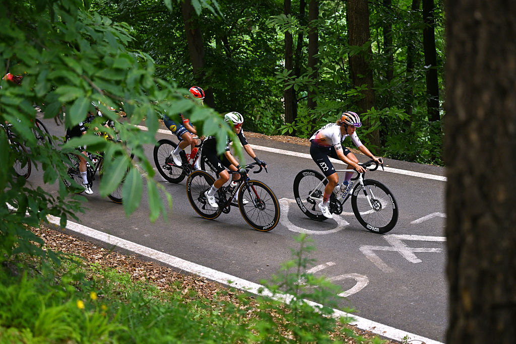 SESTRIERE, ITALY - JUNE 06: (L-R) Celia Gery of France and Team FDJ United - SUEZ and Silvia Persico of Italy and UAE Team ADQ compete in the breakaway during the 37th Giro d&amp;apos;Italia Women 2026, Stage 8 a 106km stage from Rivoli to Sestriere 2034m / #UCIWWT / on June 06, 2026 in Sestriere, Italy. (Photo by Luc Claessen/Getty Images)