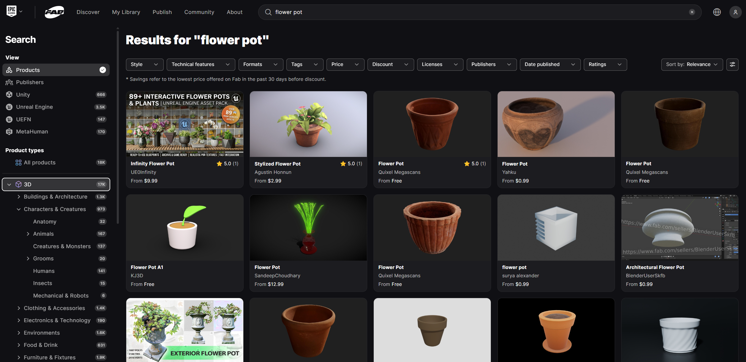 A screenshot of Epic's Fab asset marketplace showing flower pot models for sale.