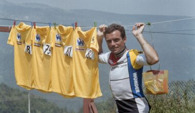 Bernard Hinault poses with four yellow jerseys