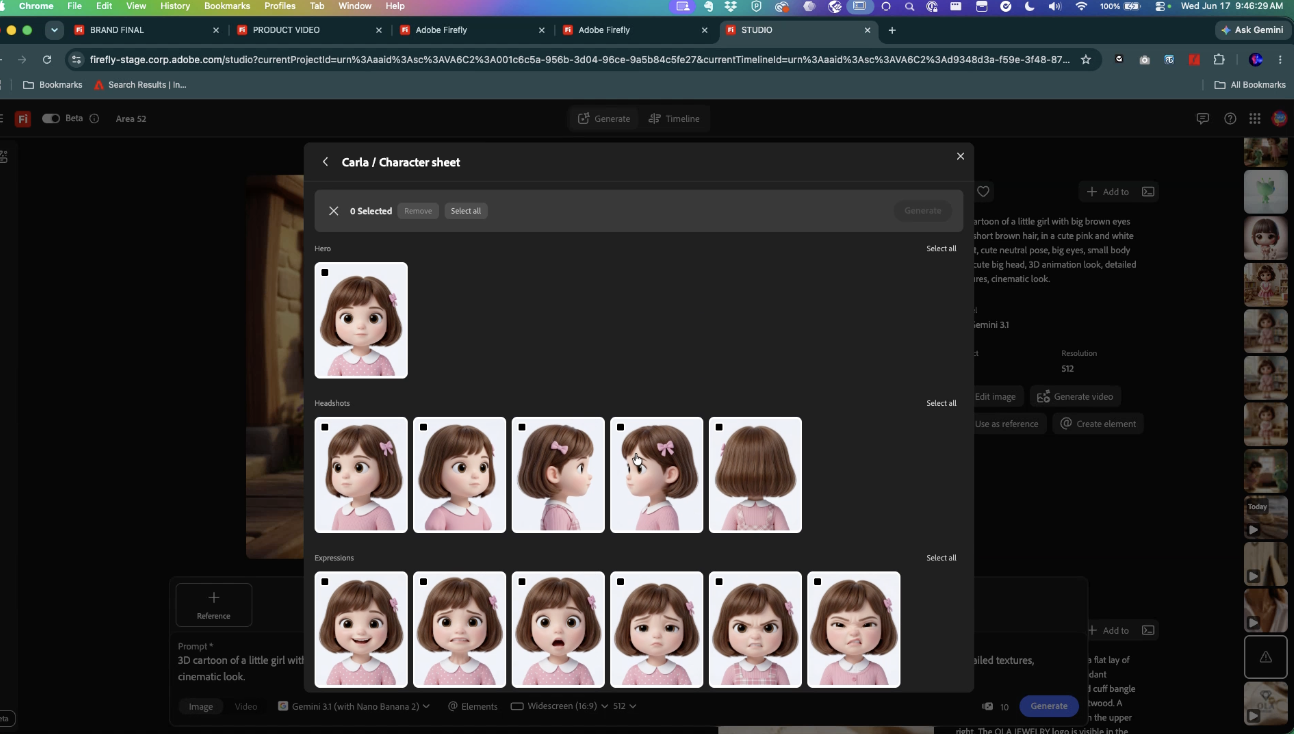 screenshot of Adobe Firefly Studio showing the character sheet for Carla, with a hero image, five headshots from different angles and six expression variants all maintaining consistent visual appearance.