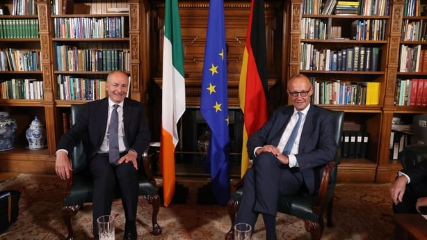 Taoiseach Micheál Martin (L) during a meeting with German Chancellor Friedrich Merz in the library at Farmleigh House, Dublin
