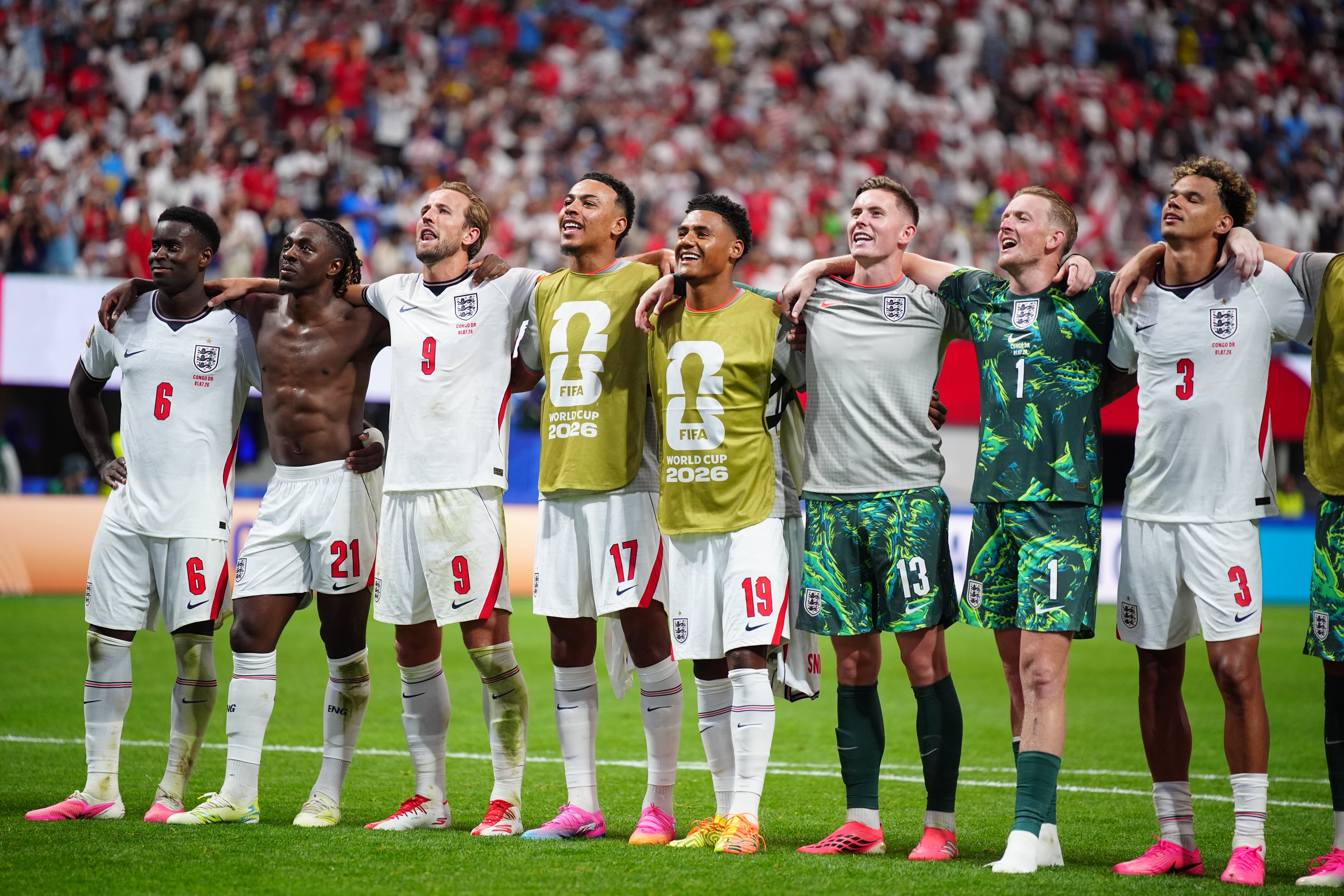 England players celebrate following the FIFA World Cup Round of 32 match at Atlanta Stadium