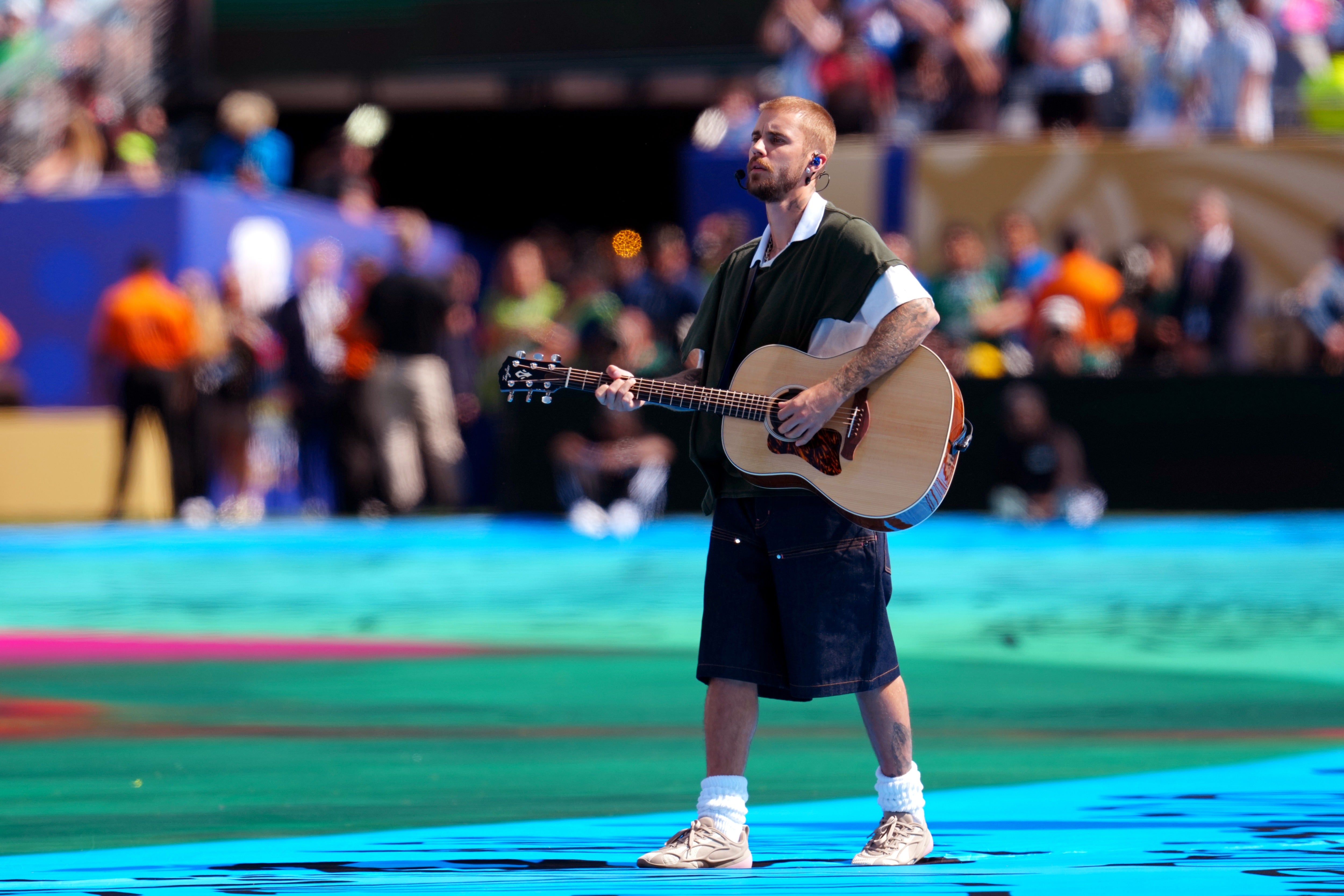 Justin Bieber sings during the halftime show