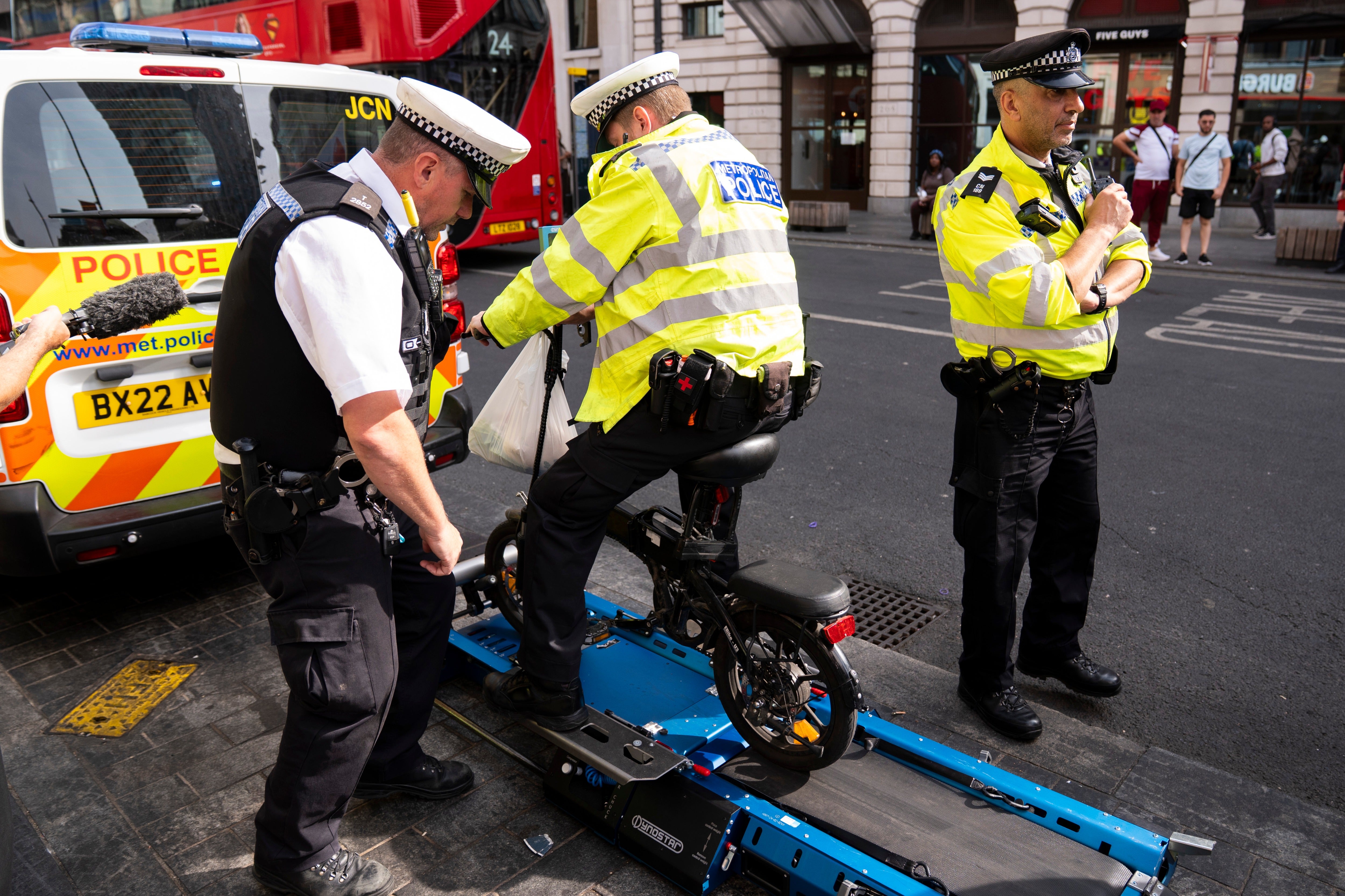 Police are using portable Dynostar and Wenger test kits that act as treadmills, quickly measuring whether e-bikes or e-scooters can propel themselves faster than the legal limit of 15.5mph