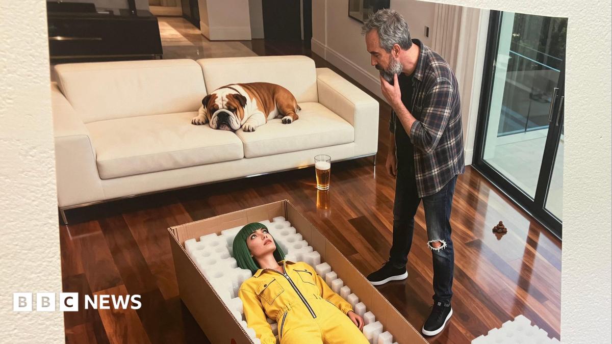 A picture of a piece of art generated by AI. There is a man in jeans and a checked shirt standing over a woman with green hair in a yellow jumpsuit in a box. There is a bulldog lying on the sofa.