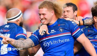 Caius Faatali celebrates scoring for Wakefield Trinity