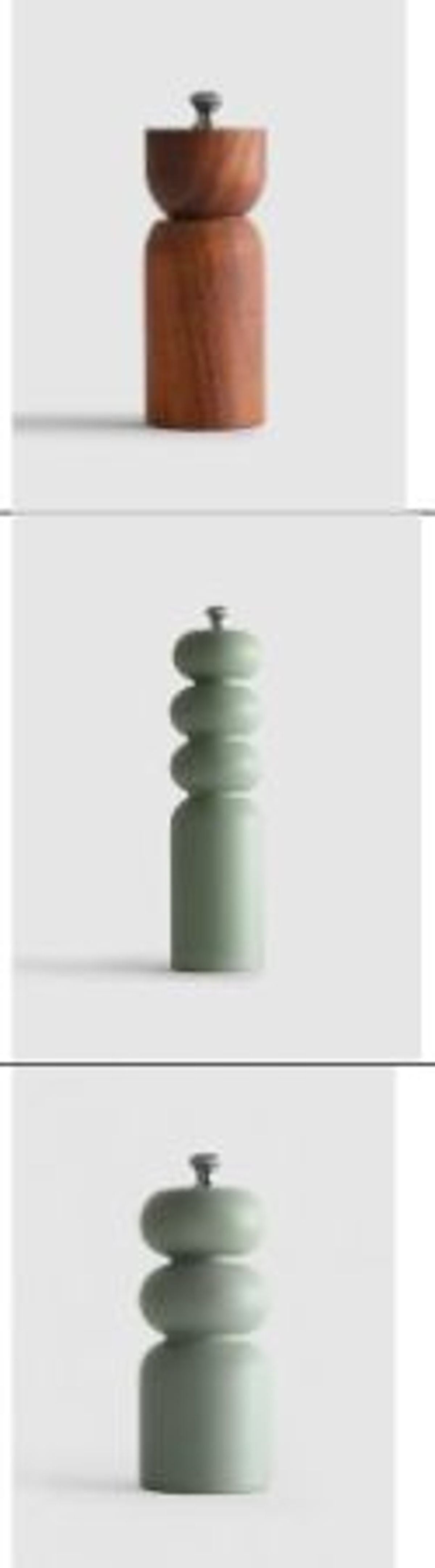 Three models of Primark pepper mill in green and brown