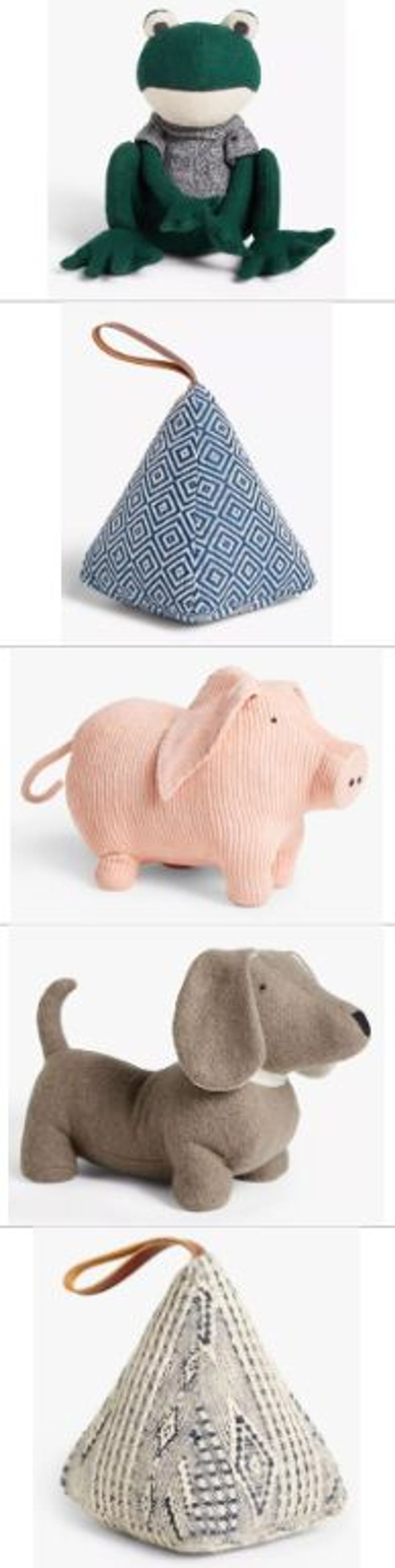 A selection of John Lewis door stops including pig, dog and frog designs