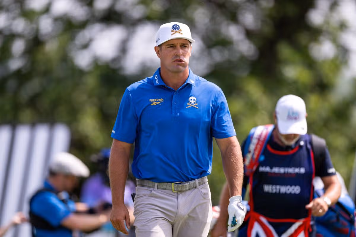 UTTOXETER, ENGLAND - JULY 23: Bryson DeChambeau of Crushers GC walks from the tee on hole 2 during day one of LIV Golf United Kingdom Presented by JCB at JCB Golf & Country Club on July 23, 2026 in Uttoxeter, England. (Photo by Jason Butler/Getty Images)