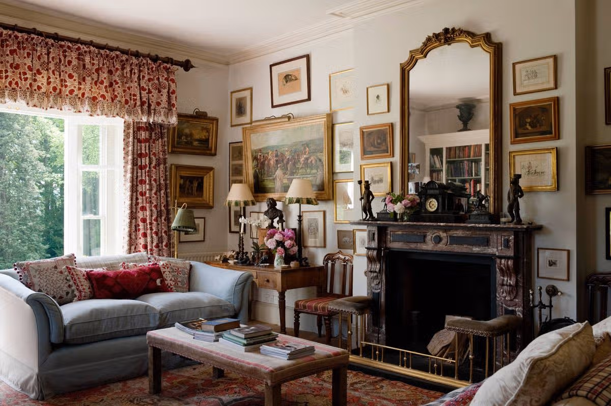 Country Estate living room with gilded mirror on fire mantle