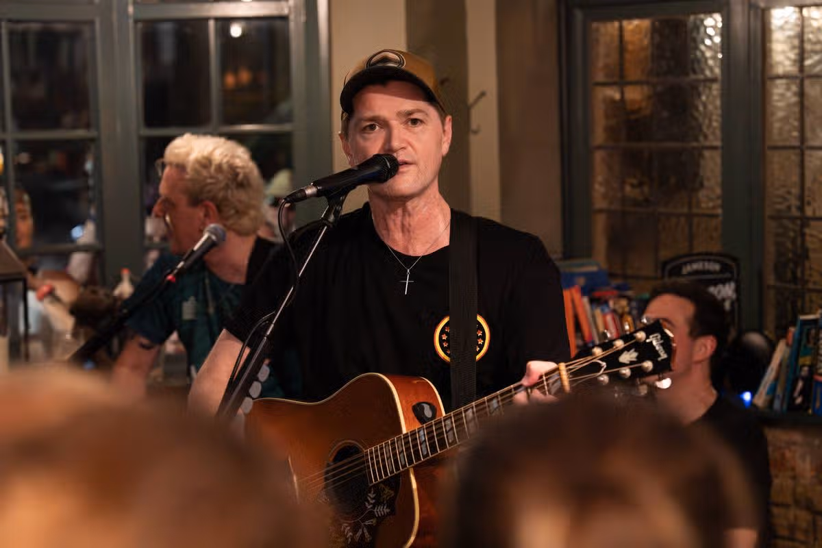 LONDON, UNITED KINGDOM - 2026/06/26: Danny O'Donoghue performs live with his band The Script at a pub in London. Irish band The Script fronted by Danny O'Donoghue played a durpeise pop up gig in a pub 'The Dog' formally known as The Dog and Truck in Whitechapel London after playing London Stadium supporting Take That on their tour. (Photo by Bonnie Britain/SOPA Images/LightRocket via Getty Images)