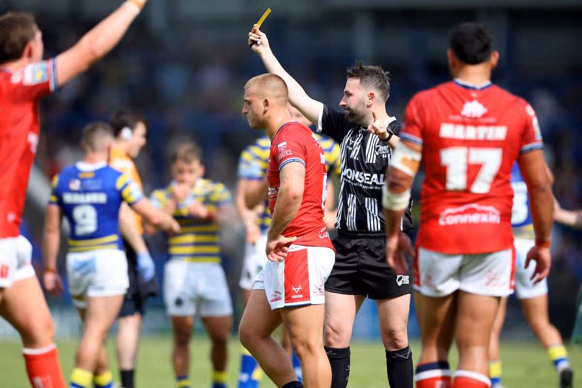 Mikey Lewis of Hull Kingston Rovers is sent to the sin bin by referee Liam Moore