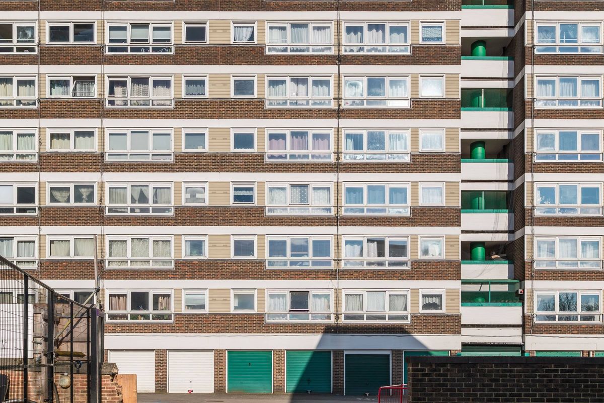 Facade of a council block on York Way Estate in Islington, London, UK