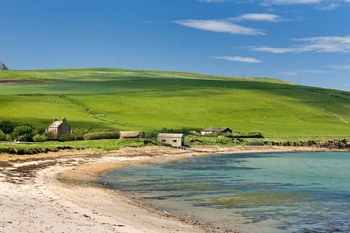 Farm houses on the northern coast of Hoy, Orkney Islands, Scotland, UK - stock photo