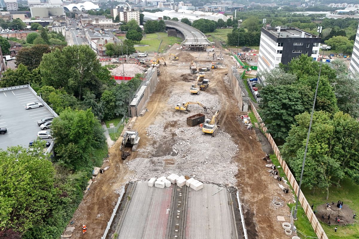The ongoing demolition of the A167 Gateshead Highway flyover.