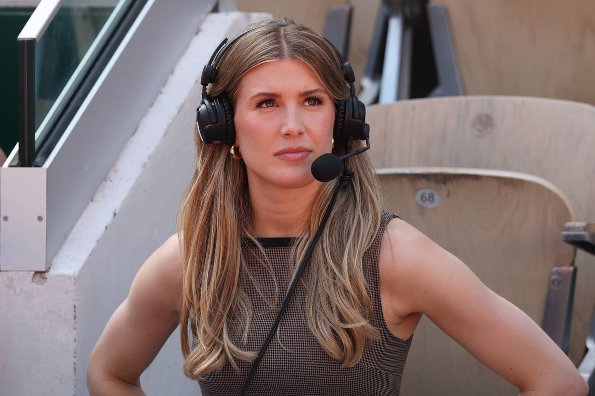 Eugenie Bouchard, Canadian former tennis player, looks on as she commentates during the Women's Singles first round match between Hailey Baptiste of United States and Barbora Krejcikova of Czechia on Day One of the 2026 French Open at Roland Garros on May 24, 2026 in Paris, France.