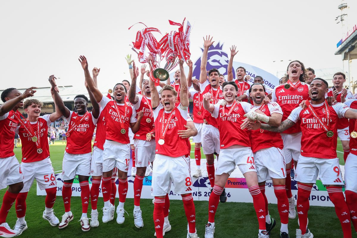 LONDON, ENGLAND - MAY 24: Martin Odegaard of Arsenal lifts the Premier League trophy during the Premier League match between Crystal Palace and Arsenal at Selhurst Park on May 24, 2026 in London, England. (Photo by Michael Regan/Getty Images For Premier League)