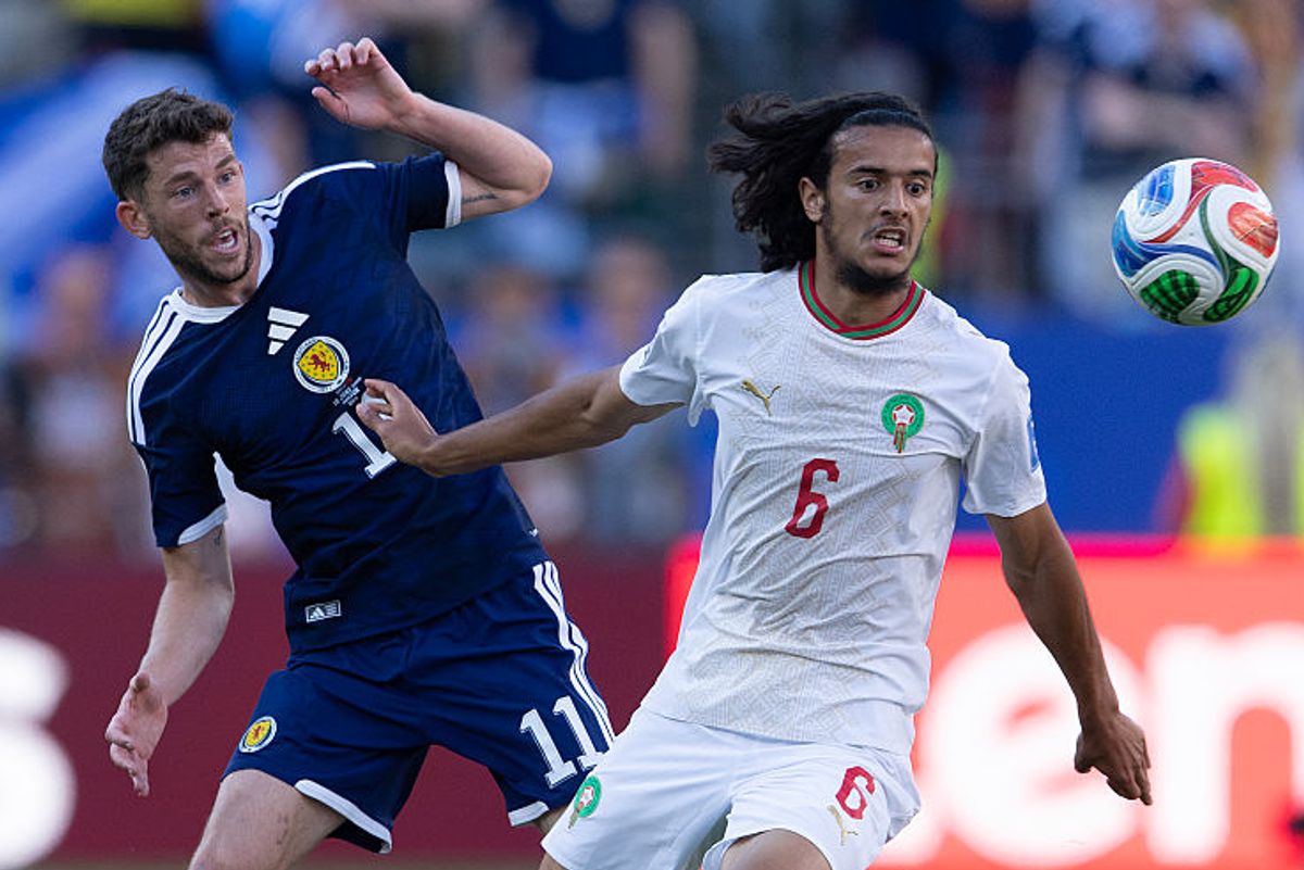 BOSTON, MASSACHUSETTS - JUNE 19: Ryan Christie of Scotland (left) and Ayyoub BOUADDI of Morocco during the FIFA World Cup 2026 Group C match between Scotland and Morocco at Boston Stadium on June 19, 2026 in Boston, United States. (Photo by Visionhaus/Getty Images)