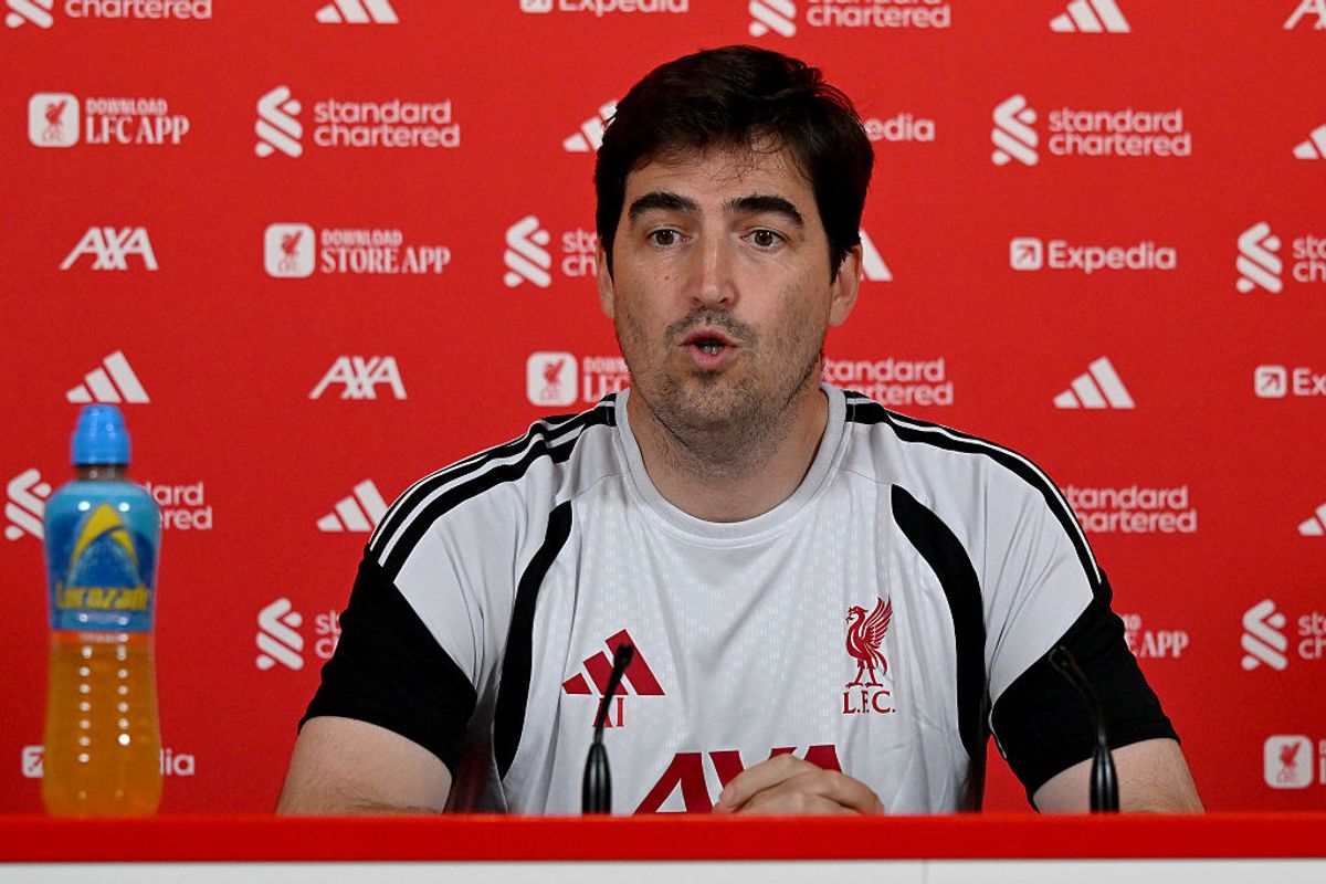 KIRKBY, ENGLAND - JULY 13: (THE SUN OUT, THE SUN ON SUNDAY OUT) Andoni Iraola head coach of Liverpool during a press conference at AXA Training Centre on July 13, 2026 in Kirkby, England. (Photo by Andrew Powell/Liverpool FC via Getty Images)