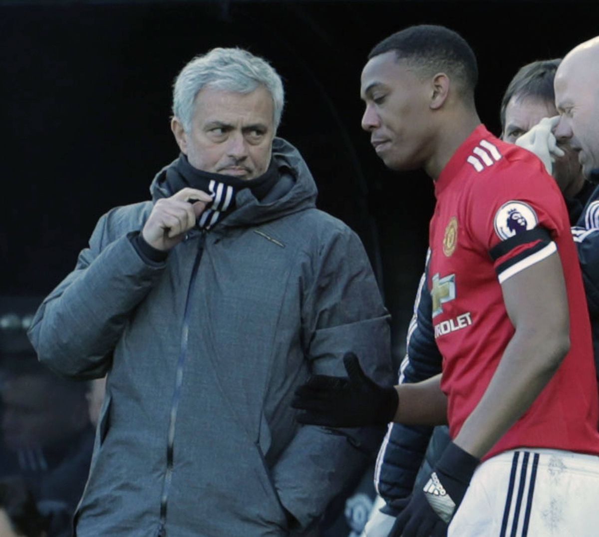 Manager Jose Mourinho of Manchester United speaks to Anthony Martial during the Premier League match between Newcastle United and Manchester United at St. James Park