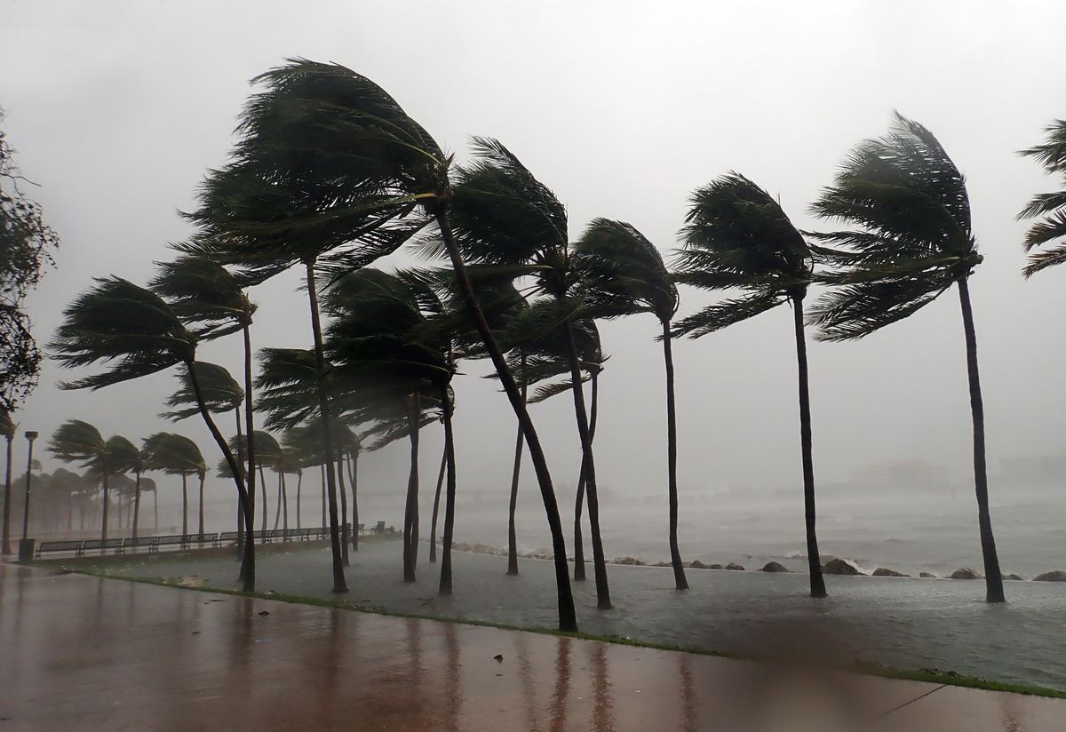 Hurricane Irma seen striking Miami, Florida with 100+ mph winds and destructive storm surge.
