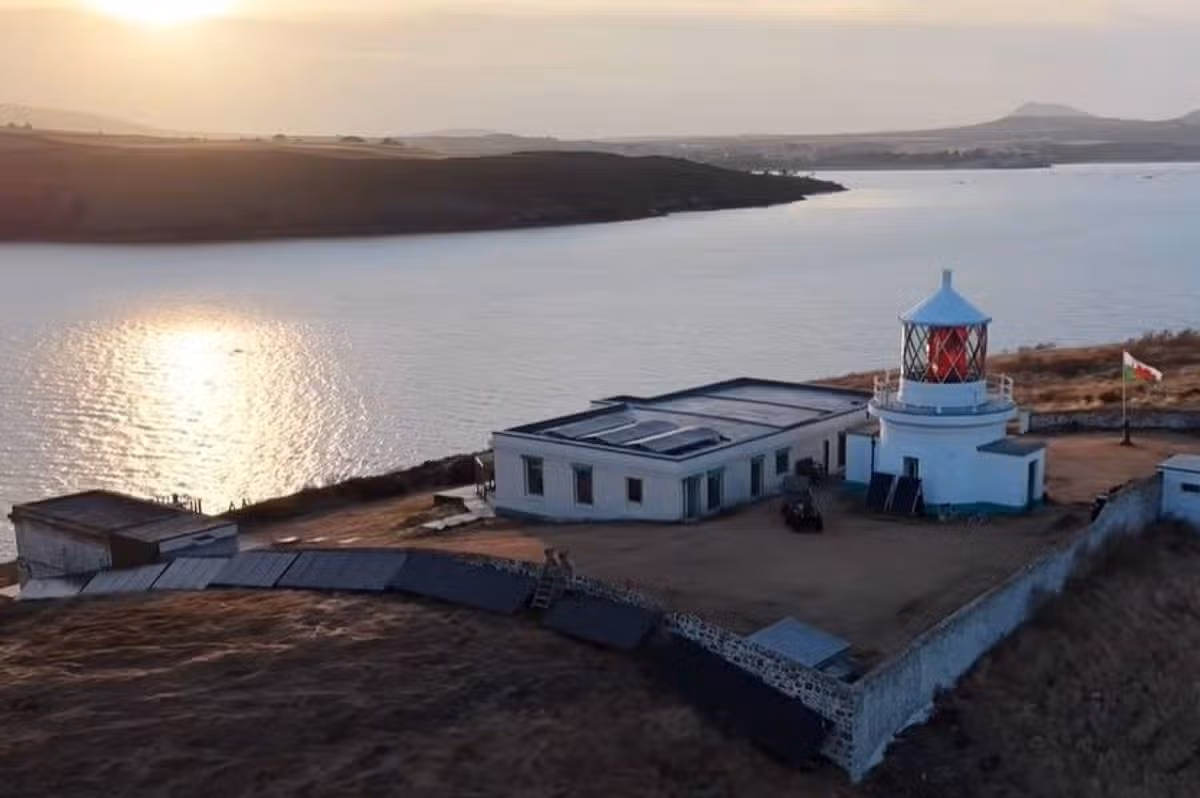 Snips taken from Facebook video on Bear Grylls account of drone shots of Saint Tudwal Island West off the coast at Abersoch that he owns - this is an aerial shot of the lighthouse, cottage and man-cave on the island