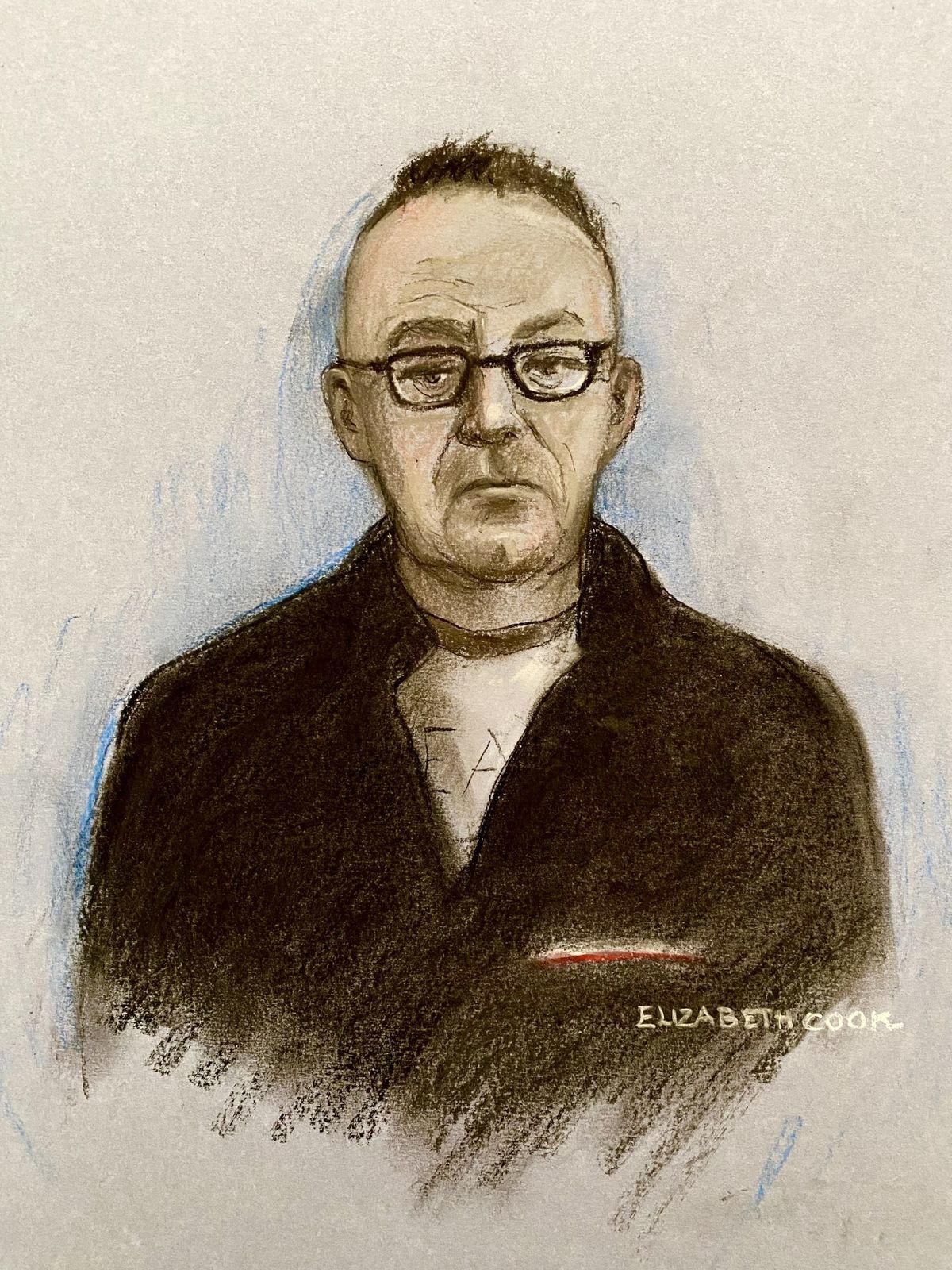 Court artist drawing by Elizabeth Cook of taxi driver Gary Poland, who drove attacker Axel Rudakubana to Hart Street, giving evidence via video-link during the Southport Inquiry at Liverpool Town Hall.