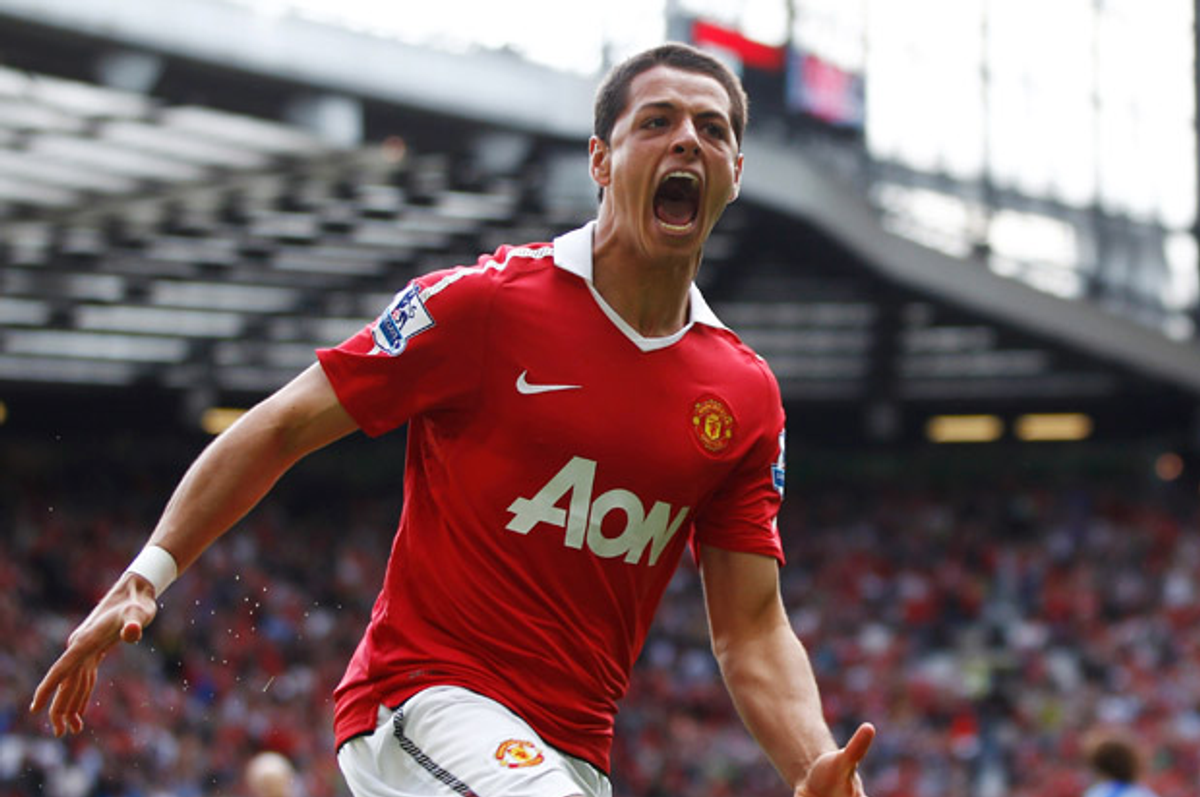 Javier Hernandez celebrates after scoring the first goal for Manchester United