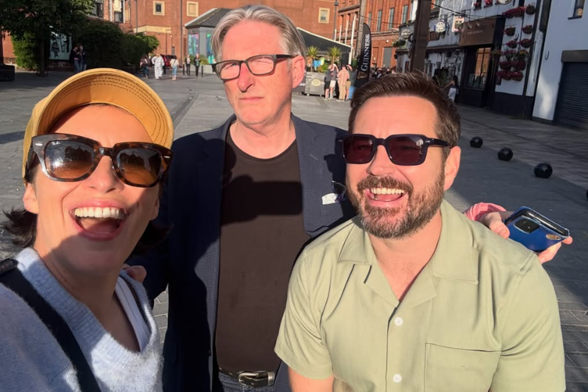 Vicky McClure, Adrian Dunbar, and Martin Compston outside Kelly's Cellars in Belfast