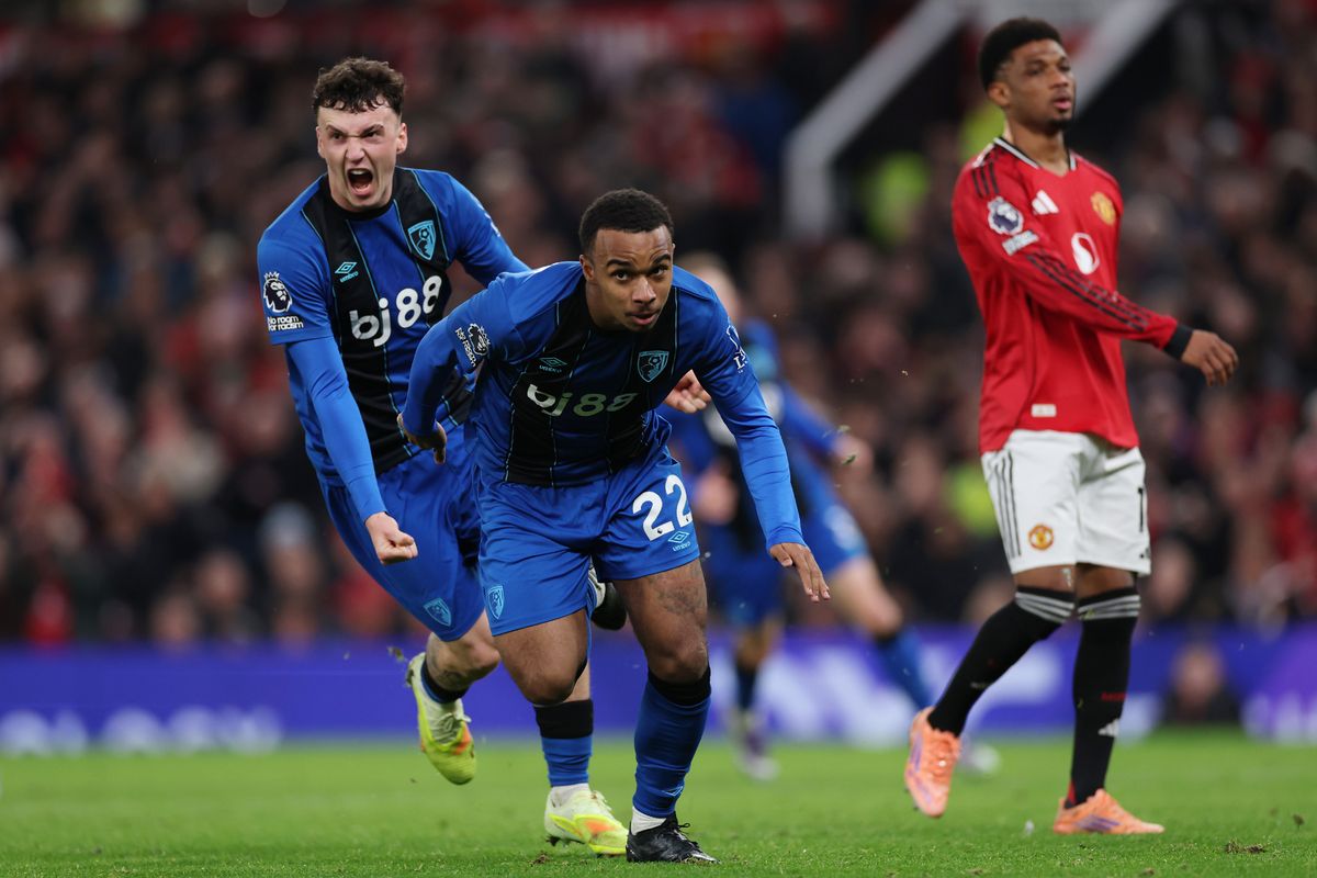 Eli Junior Kroupi celebrates scoring his team's fourth goal during the Premier League match between Manchester United and Bournemouth.